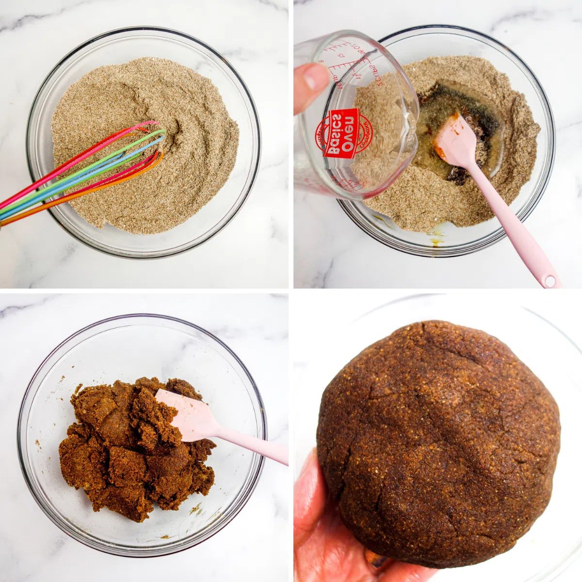 4 photo collage of the dough making process for vegan gingerbread cookies