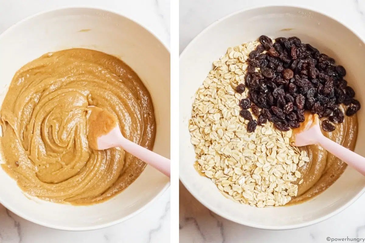 2 photo collage of oat meal cookie dough getting mixed in a white bow