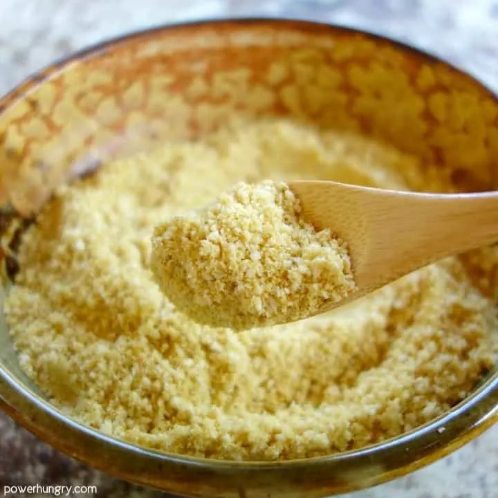 Up close spoonful of DIY vegan Parmesan cheese