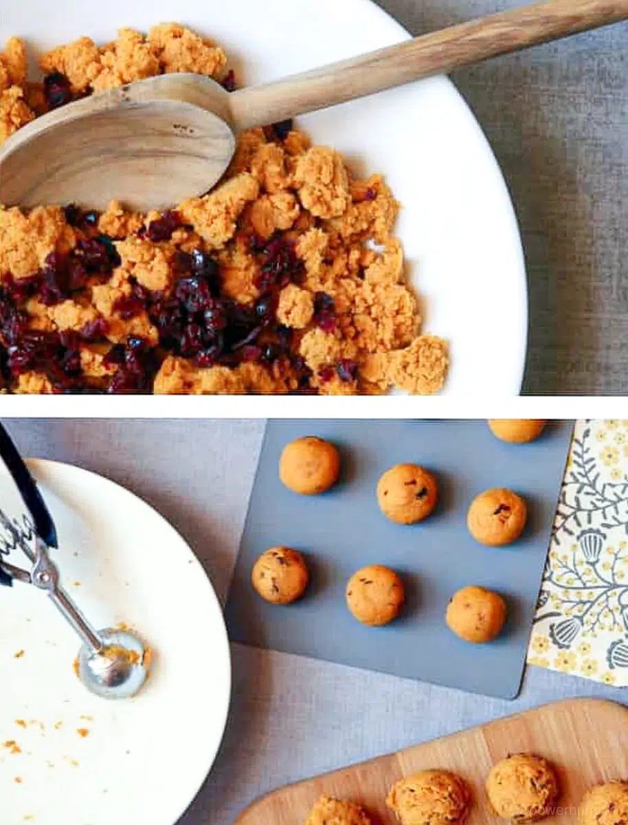 2 photo collage showing the plain steps to make the pumpkin cranberry balls