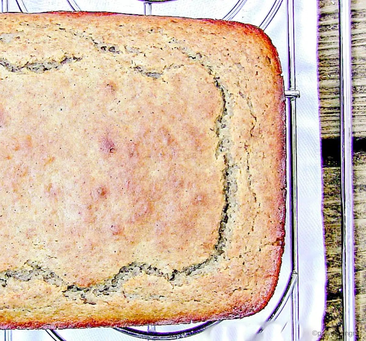 overhead shot of vegan quinoa flour banana bread loaf on a cooling rack