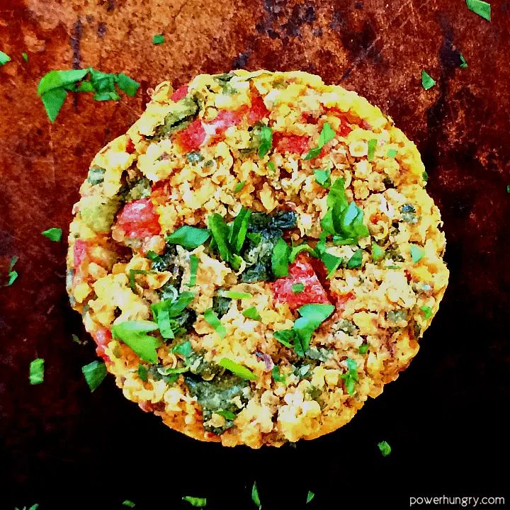 overhead shot of a single Vegan Baked Quinoa Muffin Tin Burger