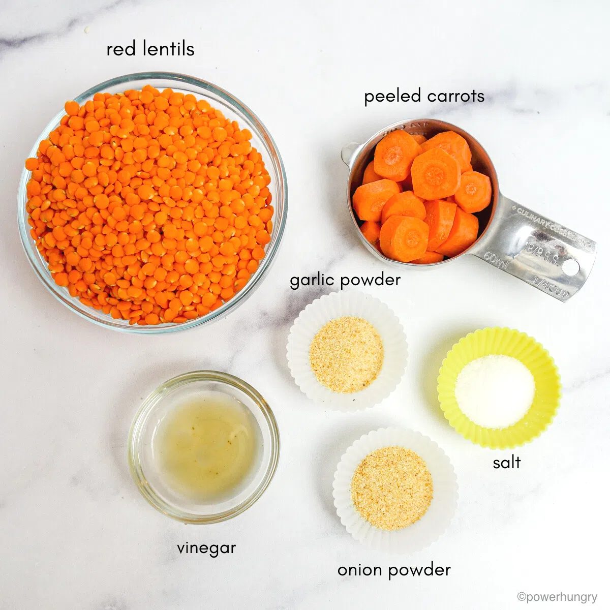 ingredients for lentil salmon on a white marble cutting