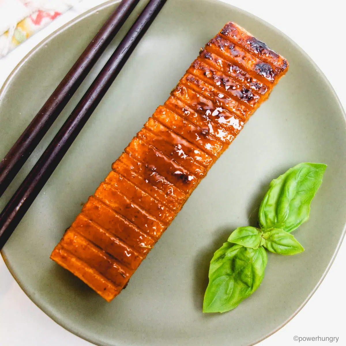 glazed red lentil salmon on a olive-colored plate