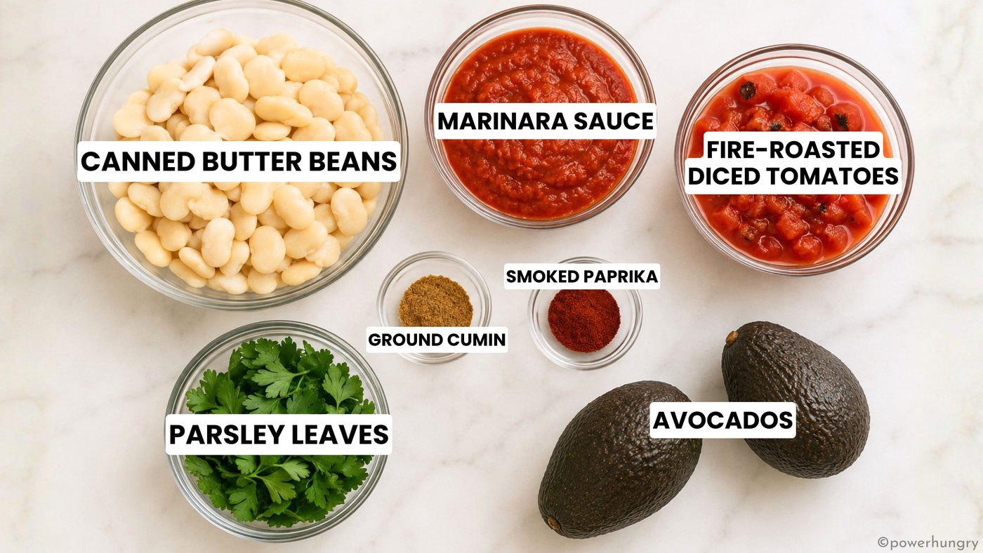 flat lay of ingredients for vegan shakshuka with butterbeans