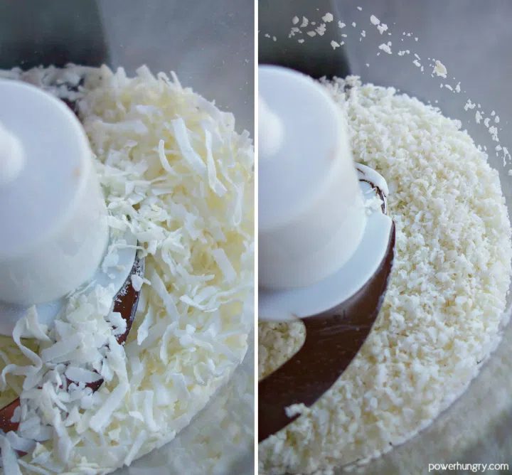 2 photo collage of unsweetened coconut flakes, before and after grinding in a food processor