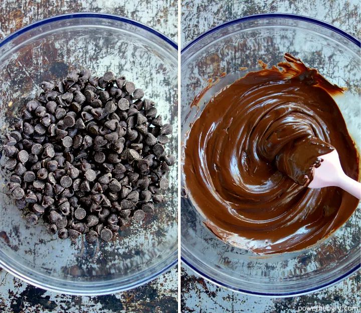 2 picture collage of chocolate chips in a glass bowl, solid and melted