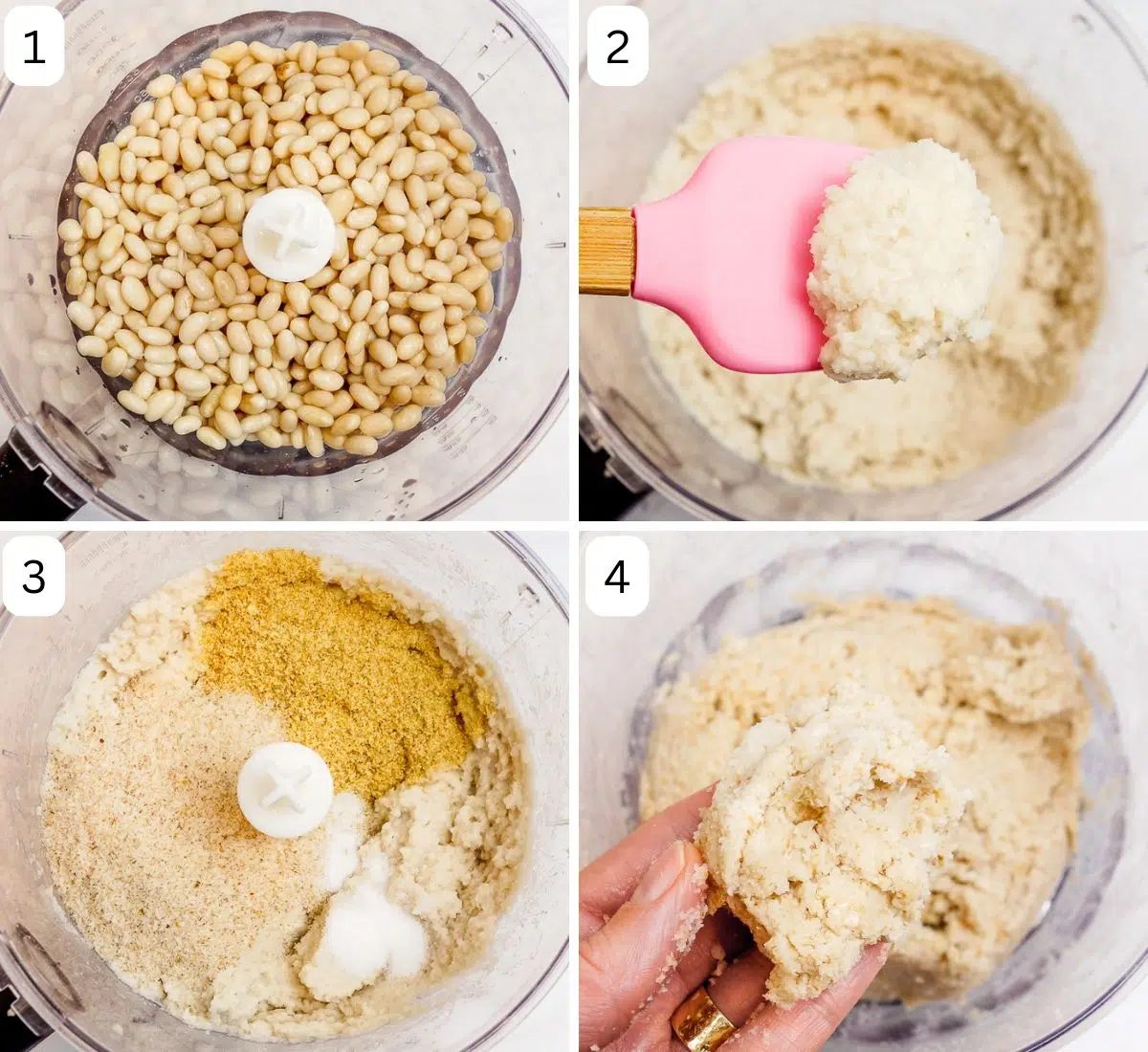 4 photo collage showing the making of white bean bagels dough