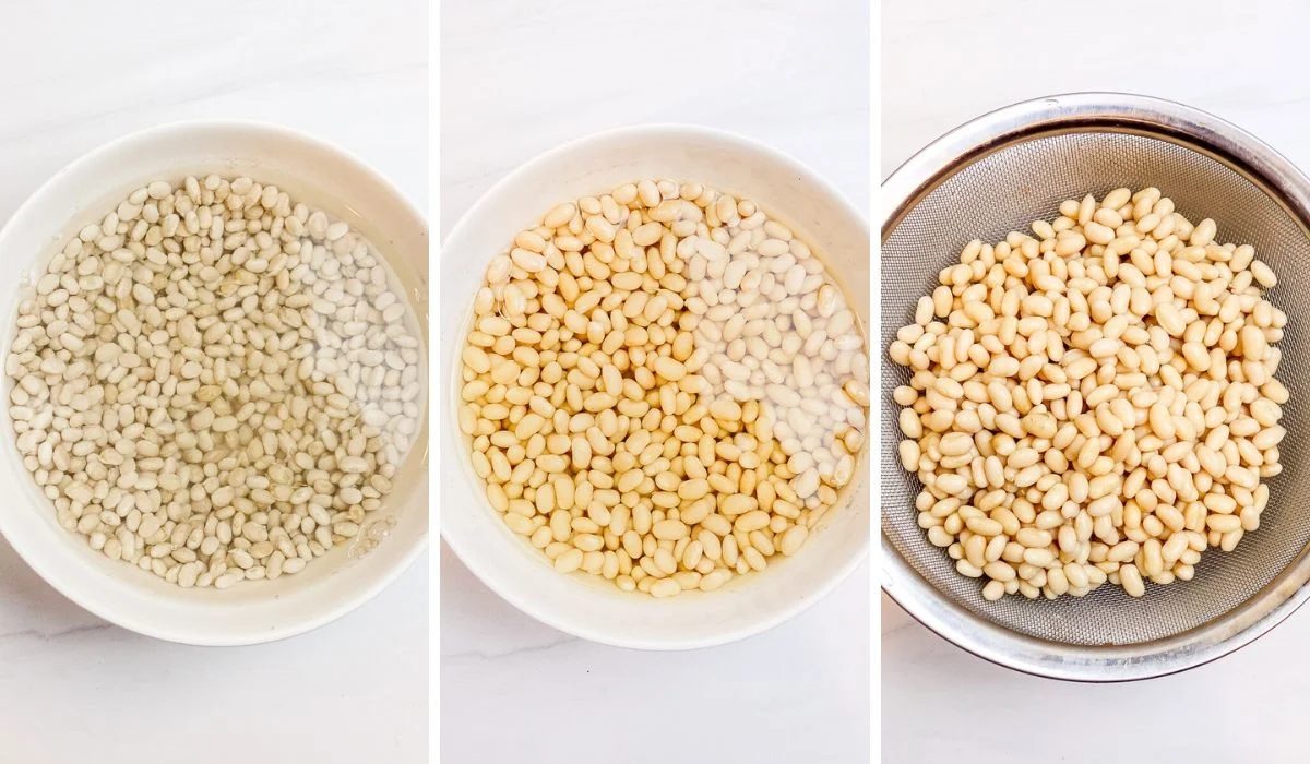 three photo collage showing the soaking and draining of white beans