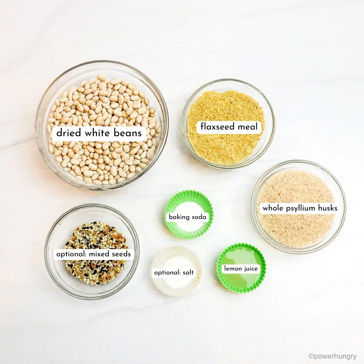 ingredients for white bean bagels, all in glass dishes