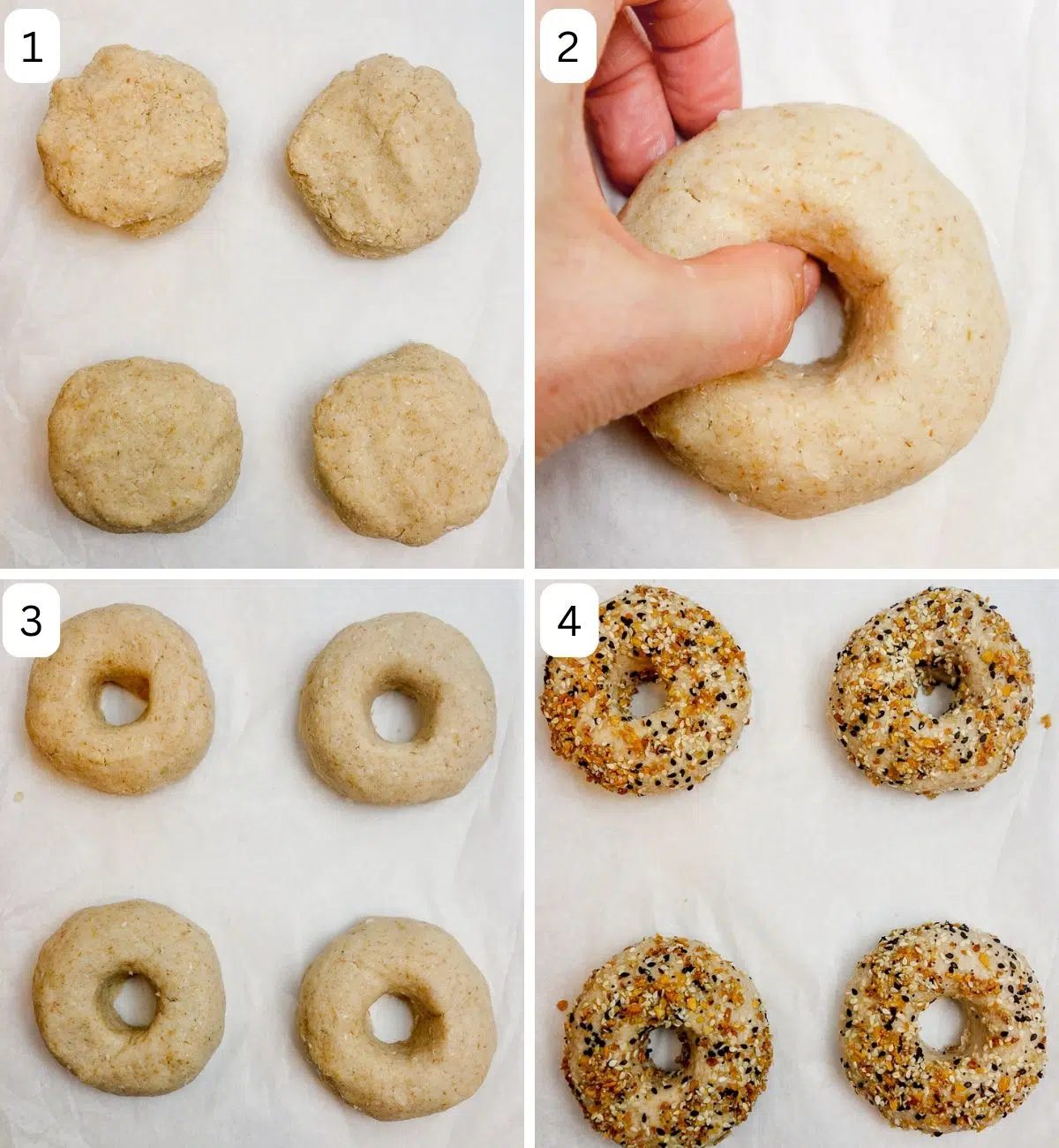 4 photo collage depicting how to shape white beans bagels on a baking sheet
