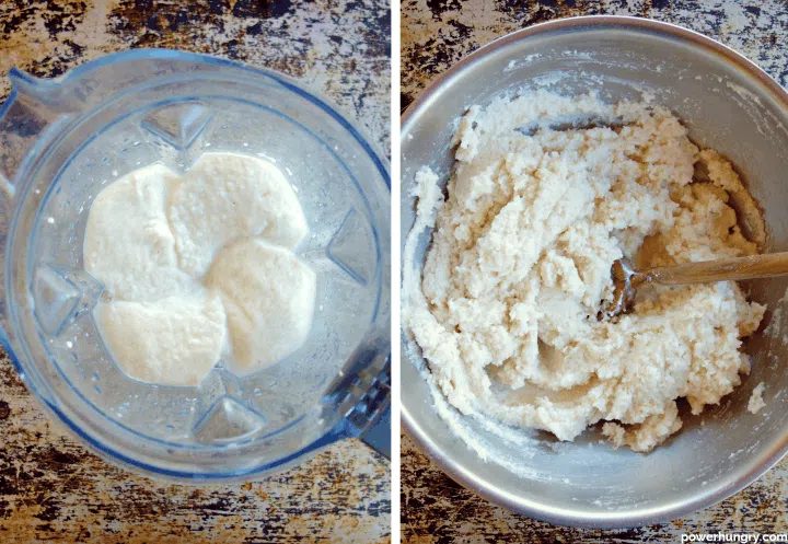 making the dough for white bean flatbread, first in a blender, then in a bowl
