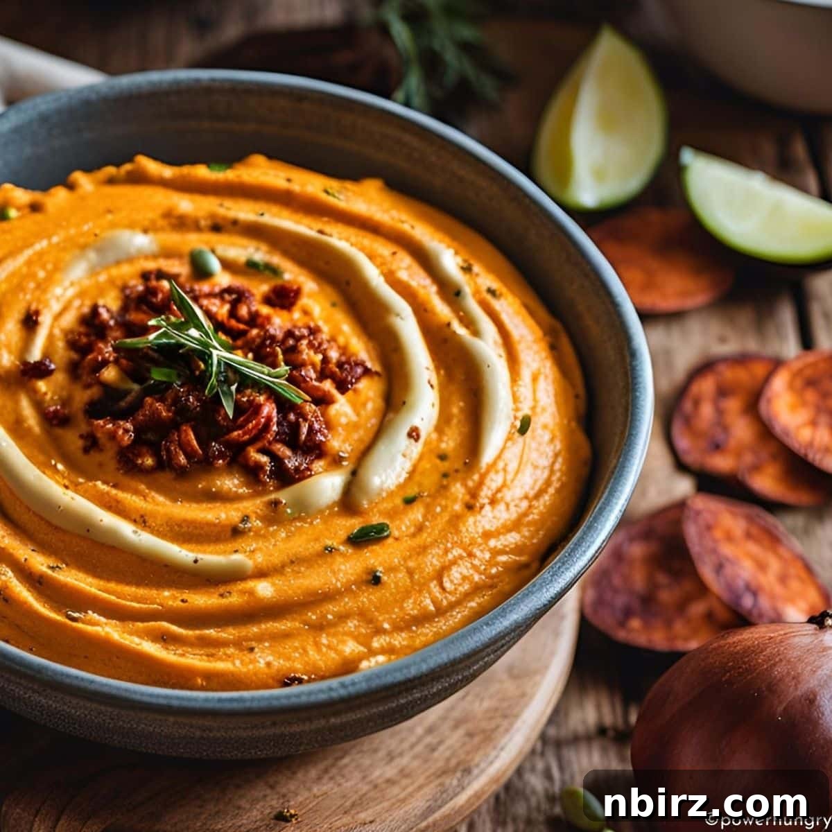 Golden Roasted Sweet Potato Hummus Chickpea-Free 2 roasted sweet potato hummus in a gray bowl