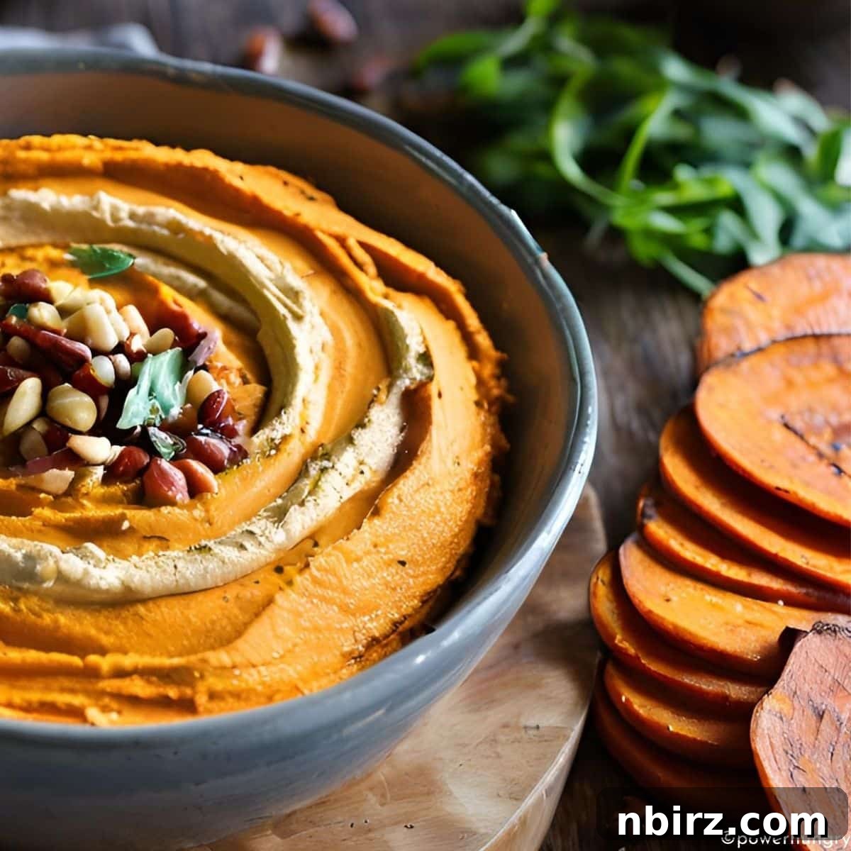 Golden Roasted Sweet Potato Hummus Chickpea-Free 6 roasted sweet potato hummus in gray bowl
