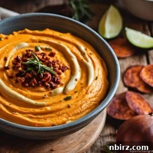 roasted sweet potato hummus in a gray bowl