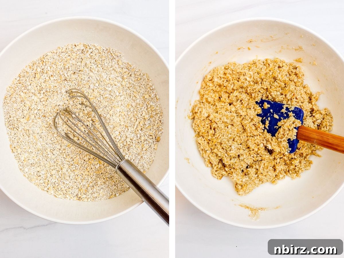 Wholesome Scottish Vegan Gluten Free Oatcakes 5 A two-photo collage showing the process of mixing wet and dry ingredients to form oatcake dough, highlighting the texture transformation