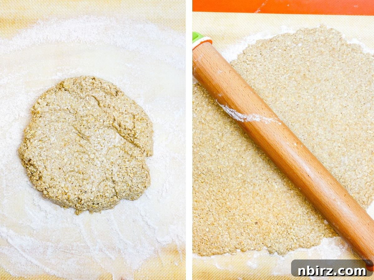 Wholesome Scottish Vegan Gluten Free Oatcakes 6 Oatcake dough being rolled out flat on a floured surface with a rolling pin, showing its smooth and even texture