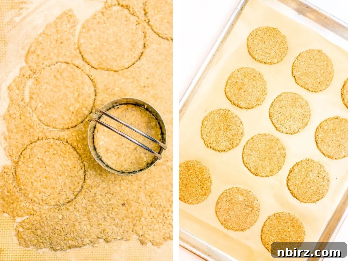 Wholesome Scottish Vegan Gluten Free Oatcakes 7 A close-up view of oatcake dough being cut into perfect circular shapes using a round cookie cutter on a flat surface