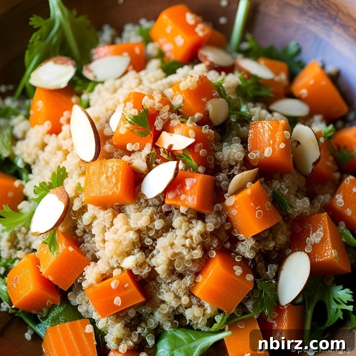 Healthy High Protein Carrot Quinoa Salad Oil Free Gluten Free 3 Close-up of roasted carrot quinoa salad in a rustic wood bowl