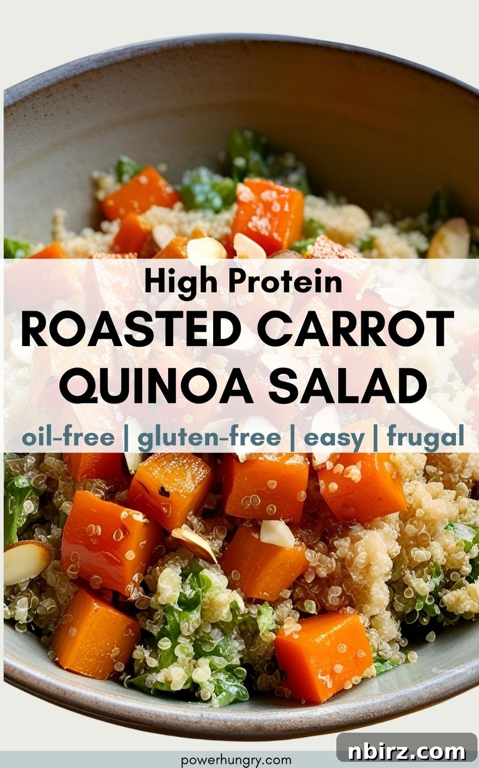 Healthy High Protein Carrot Quinoa Salad Oil Free Gluten Free 4 Large grey bowl filled with high protein roasted carrot quinoa salad