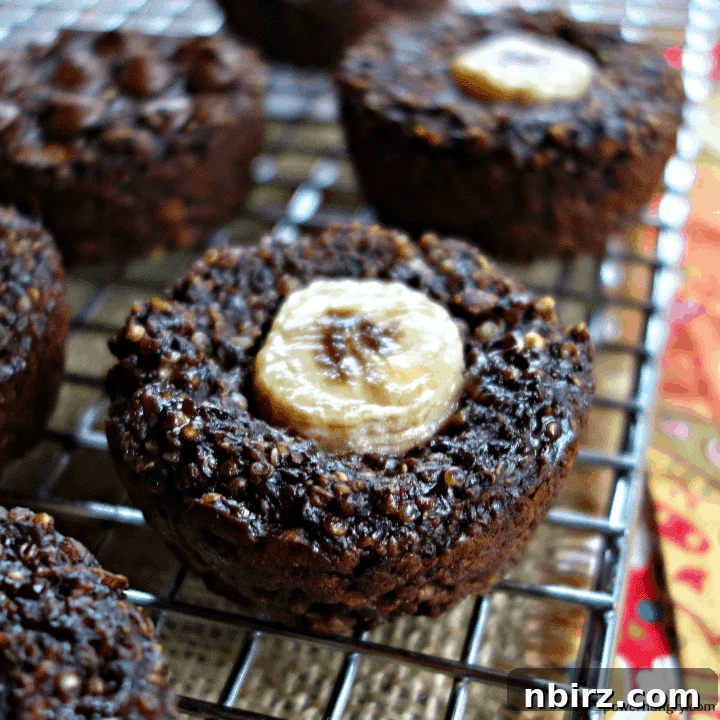 Four-Ingredient Chocolate Quinoa Delights 2 Four 4-ingredient chocolate quinoa muffins on a silver cooling rack with a colorful napkin alongside