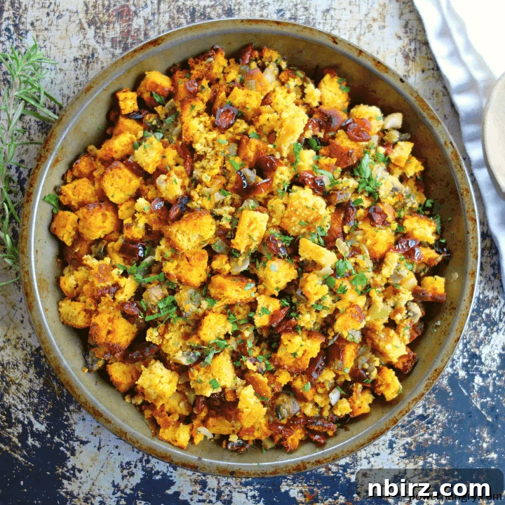 Vegan Cornbread Stuffing, Grain-Free and Guilt-Free 3 Overhead view of vegan grain-free cornbread stuffing in an antique pie plate