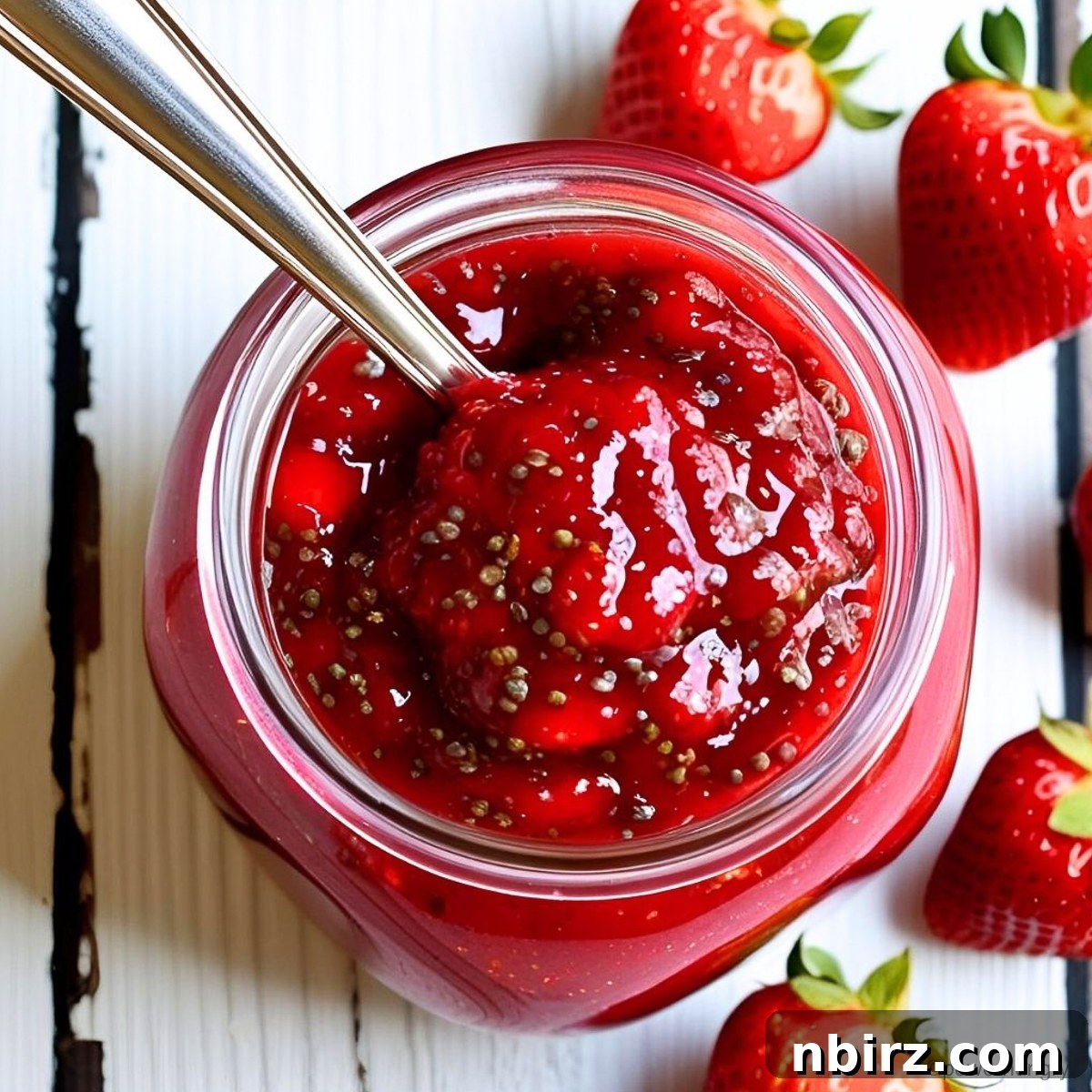 Wholesome Gluten-Free Vegan Strawberry Oat Bars 6 Strawberry chia filling stored in a glass jar, demonstrating its perfect jam-like consistency