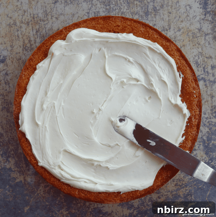 Silky Smooth Vegan Vanilla Buttercream Without Cornstarch 5 Overhead shot of a delicious layer cake being expertly frosted with smooth vegan vanilla buttercream frosting.