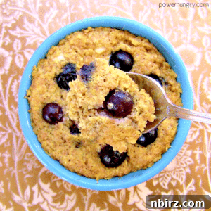 Wholesome Vegan Blueberry Oat Mug Muffin Gluten Free Oil Free 2 Overhead shot of a vegan blueberry oat mug muffin with a spoon