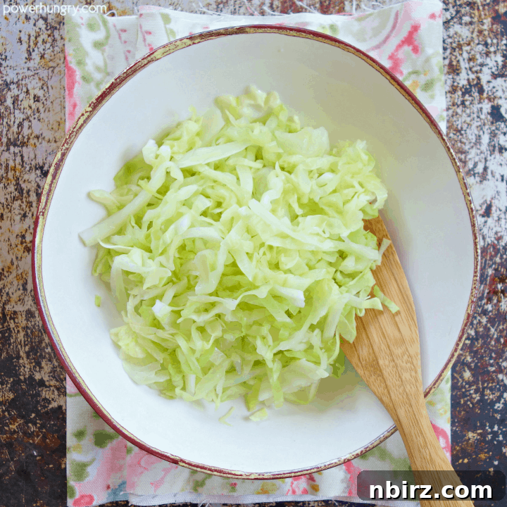 Caboodles: One-Ingredient Vegan Keto Steamed Cabbage Noodles 3 An overhead shot of perfectly steamed cabbage noodles nestled in a white bowl, accompanied by a rustic wooden spoon, highlighting their readiness for a healthy meal.