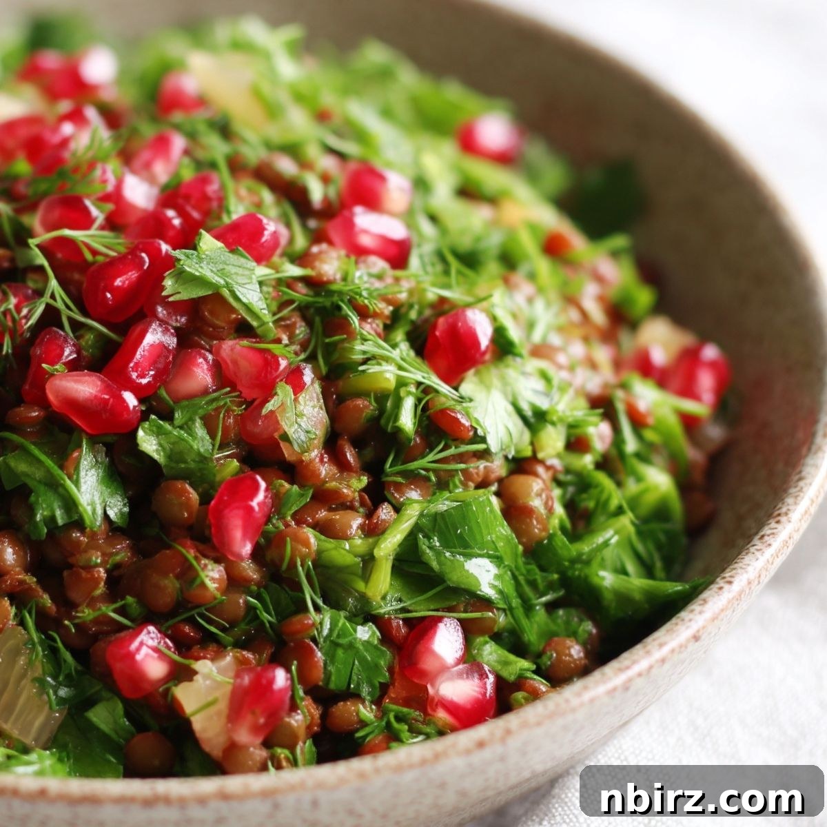 Protein-Rich Oil-Free Lentil Pomegranate Salad 3 Lentil pomegranate salad elegantly served in an earthenware bowl
