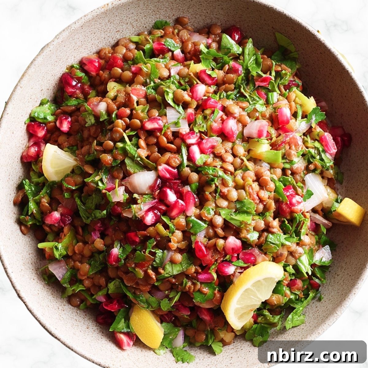 Protein-Rich Oil-Free Lentil Pomegranate Salad 4 Close-up of a serving of lentil salad with pomegranate, showcasing its fresh ingredients