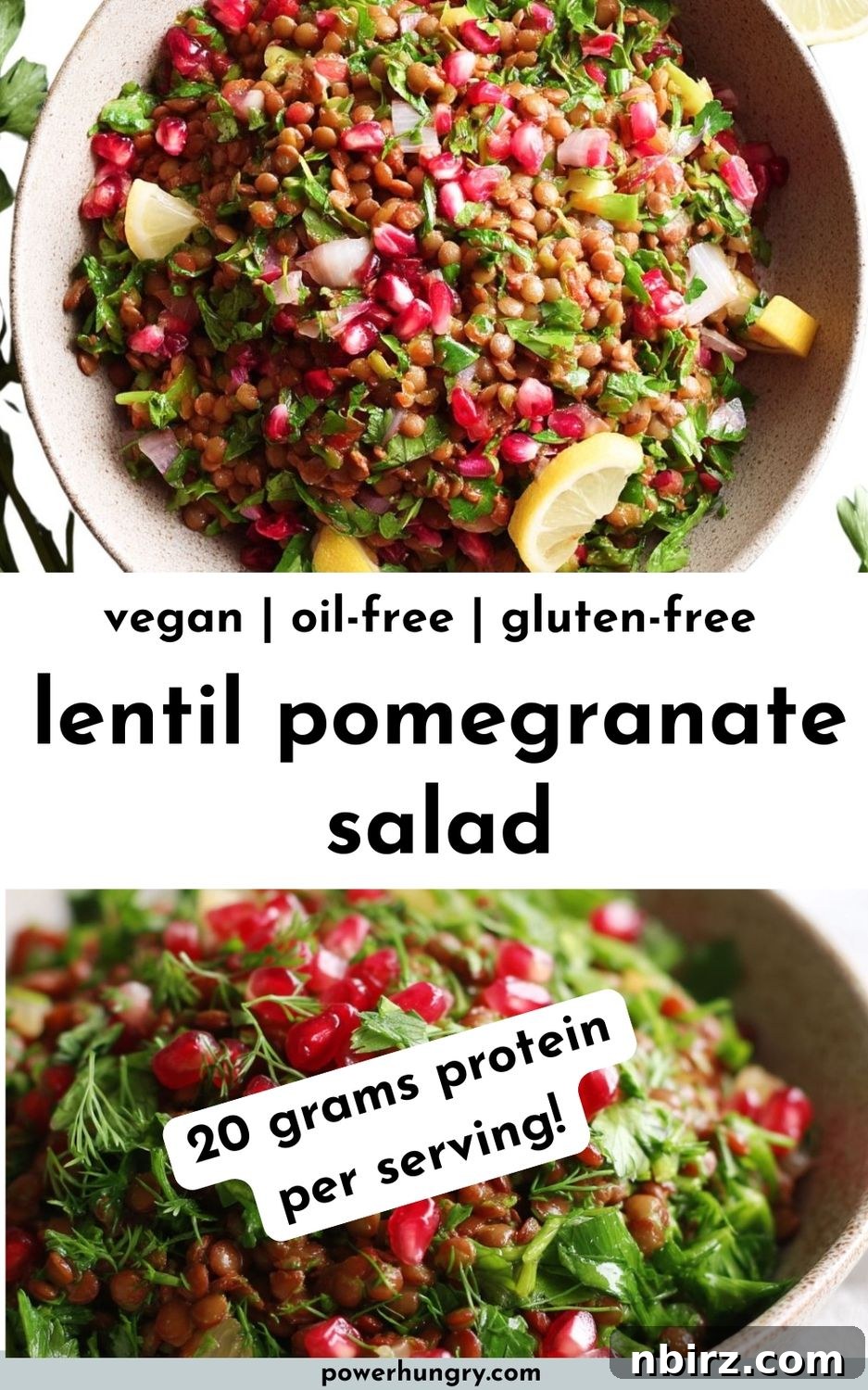 Protein-Rich Oil-Free Lentil Pomegranate Salad 5 A collage of three appetizing photos of lentil pomegranate salad