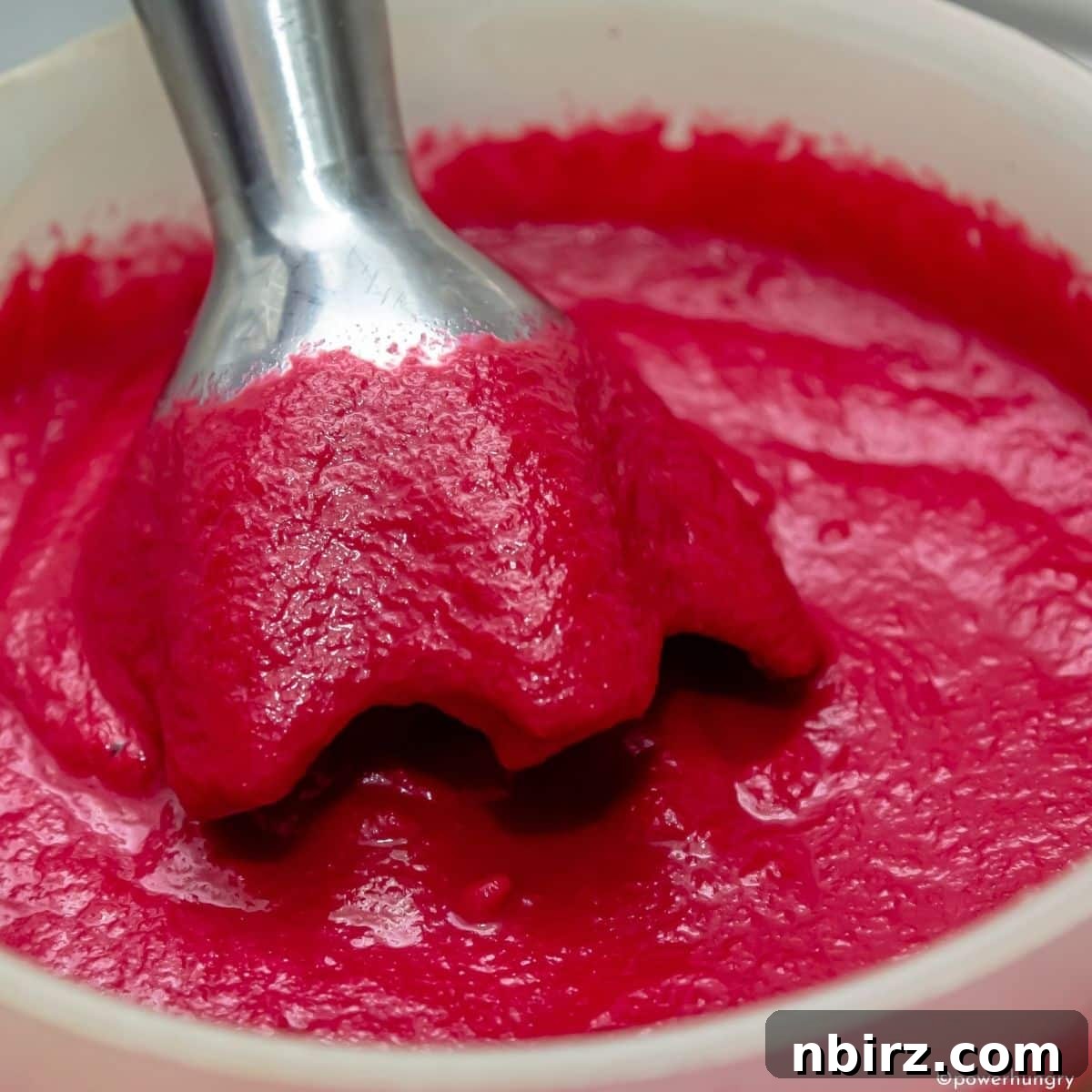 Quick & Creamy Beet Soup (Vegan & Gluten-Free) 5 An Immersion Blender Pureeing Beet Soup