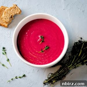 Quick & Creamy Beet Soup (Vegan & Gluten-Free) 6 20 minutes beet soup in a white bowl