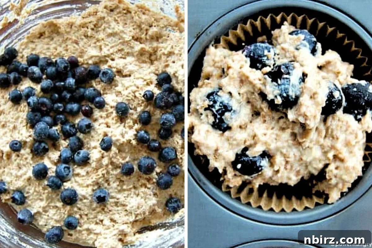 Two-photo collage showing the process of mixing vegan almond flour muffin batter in bowls.