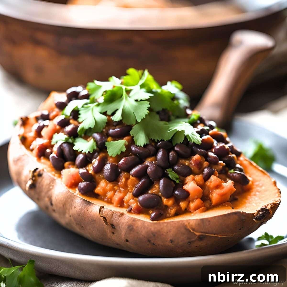4-Ingredient Black Bean Chili Stuffed Sweet Potatoes 3 black bean chili stuffed sweet potto on a white plate