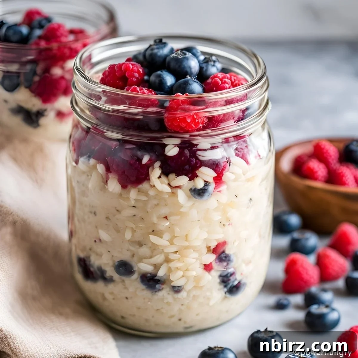 Protein-Packed Overnight Brown Rice Porridge 2 overnight brown rice porridge in a jar, ready for a healthy breakfast