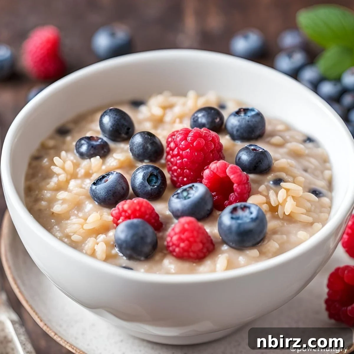 Protein-Packed Overnight Brown Rice Porridge 3 overnight brown rice porridge in a white bowl, beautifully garnished with fresh fruit