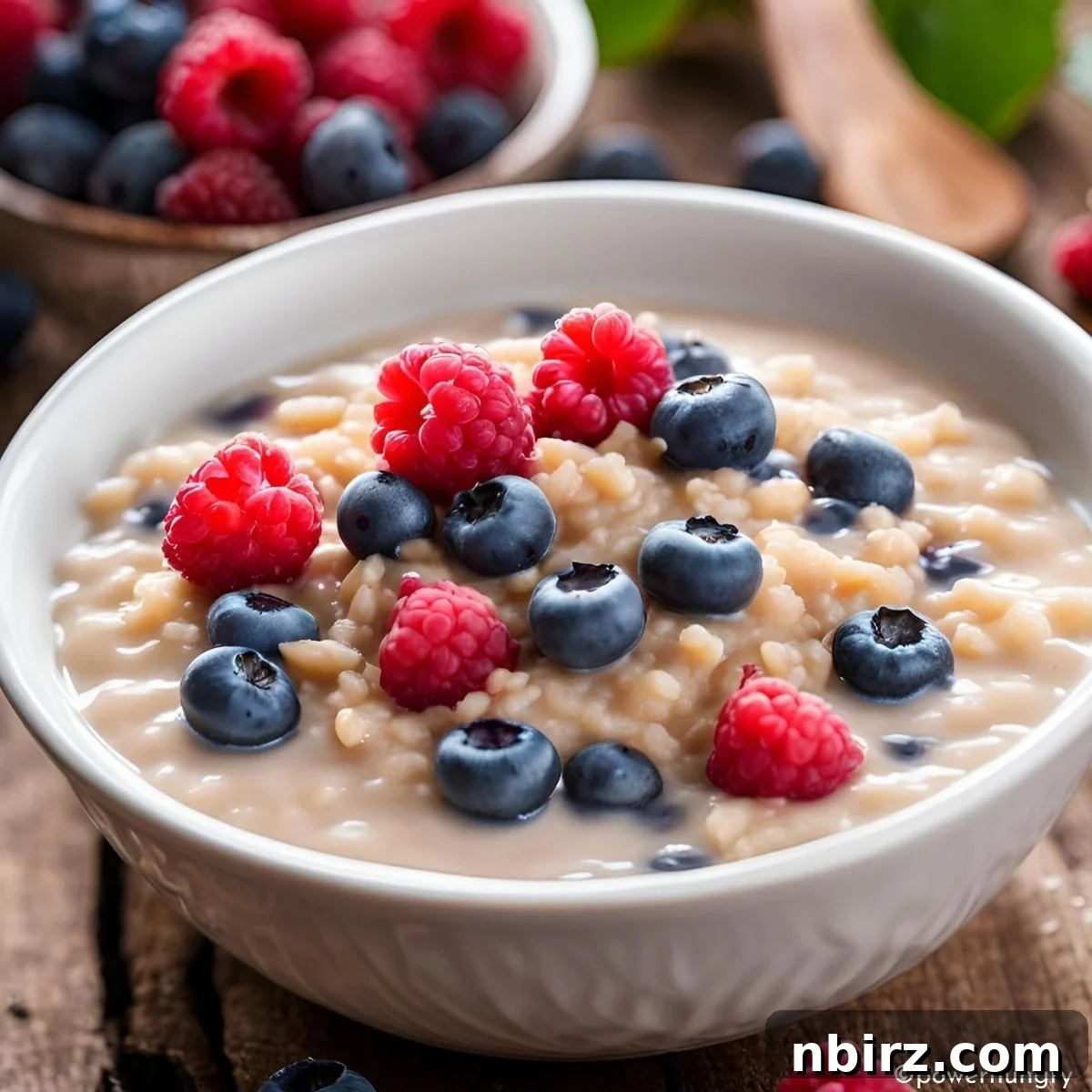 Protein-Packed Overnight Brown Rice Porridge 4 brown rice porridge garnished with mixed berries and a delicate drizzle of syrup