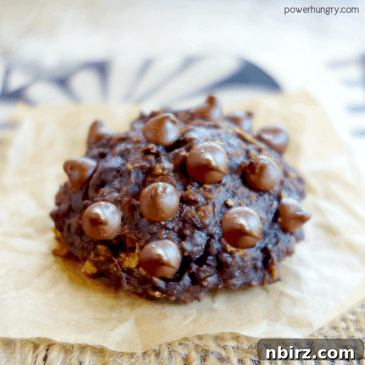 Wholesome Vegan Gluten Free Chocolate Banana Oat Cookies 3 Close-up of a single healthy chocolate banana oat cookie on parchment paper, highlighting its texture and chocolate chips.