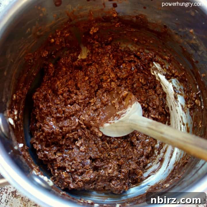 Wholesome Vegan Gluten Free Chocolate Banana Oat Cookies 6 Chocolate oat cookie dough mixture resting in a saucepan, thickened and ready for portioning.