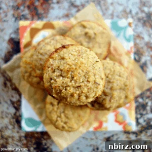 Vegan Banana Almond Flour Mini Muffins (Oil-Free & Gluten-Free) 8 overhead shot of a stack of almond flour flax and banana mini muffins