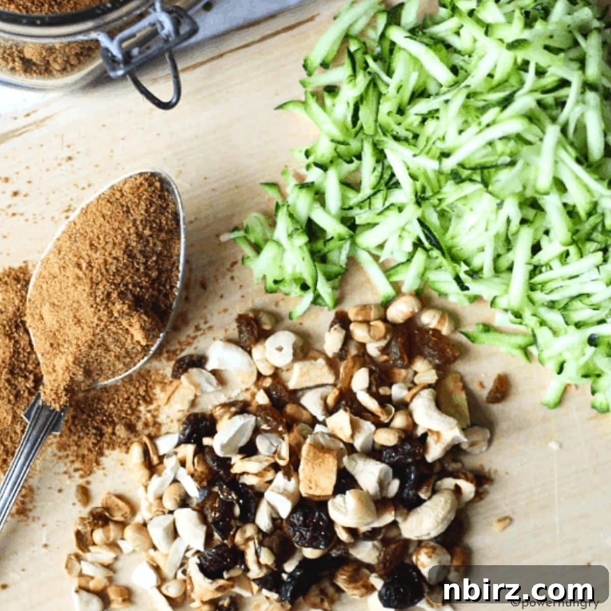Grain Free Oil Free Vegan Almond Flour Zucchini Muffins 3 Close-up shot of grated zucchini and coconut sugar, alongside a bowl of optional mix-ins, ready for your almond flour zucchini muffins.