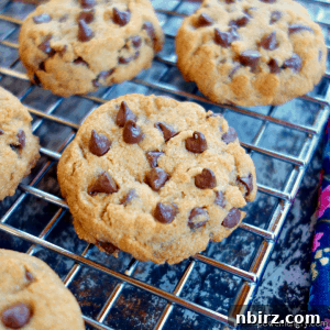 Close-up of baked vegan cassava flour chocolate chip cookies