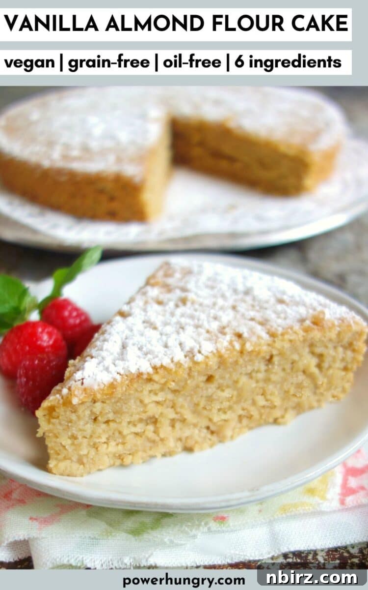 Wholesome Vegan Vanilla Almond Flour Cake 3 A large, beautifully baked vegan almond flour cake slice, rich in texture and aroma, ready to be enjoyed.