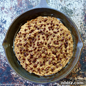 Decadent Vegan Chocolate Chip Skillet Cookie Gluten-Free Oil-Free 2 Baked chocolate chip skillet cookie with golden crust