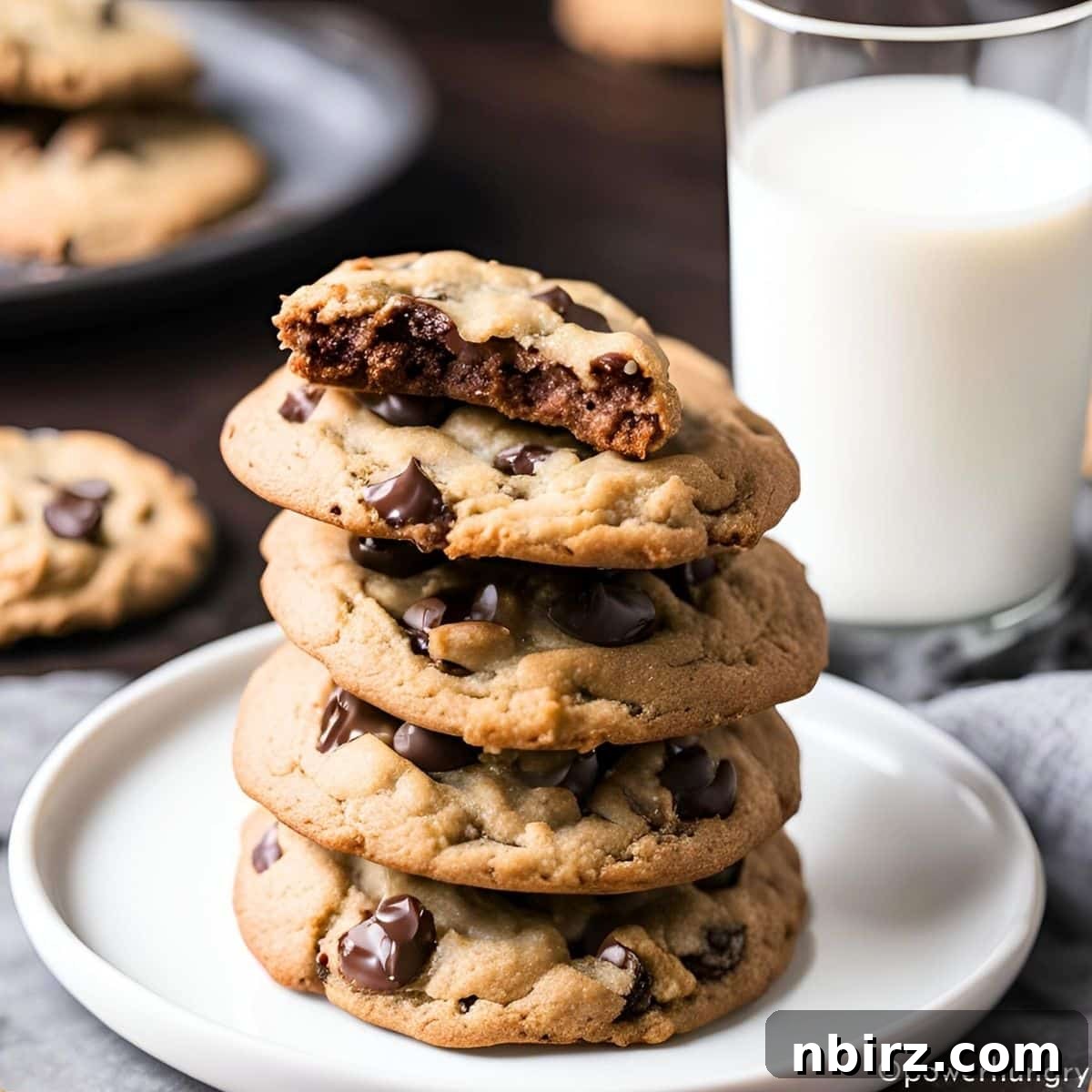 Decadent Oil-Free Vegan Chocolate Chip Cookies 2 Stack of golden-brown oil-free vegan chocolate chip cookies on a white plate, highlighting their perfect texture.
