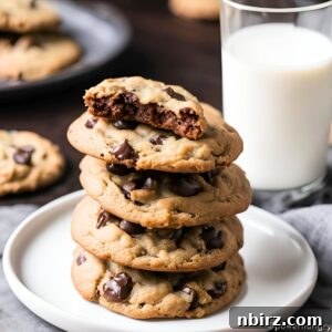 Stack of oil-free vegan chocolate chip cookies on a white plate, showcasing their inviting texture.
