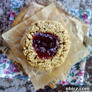 overhead close-up of a vegan oat thumbprint cookie